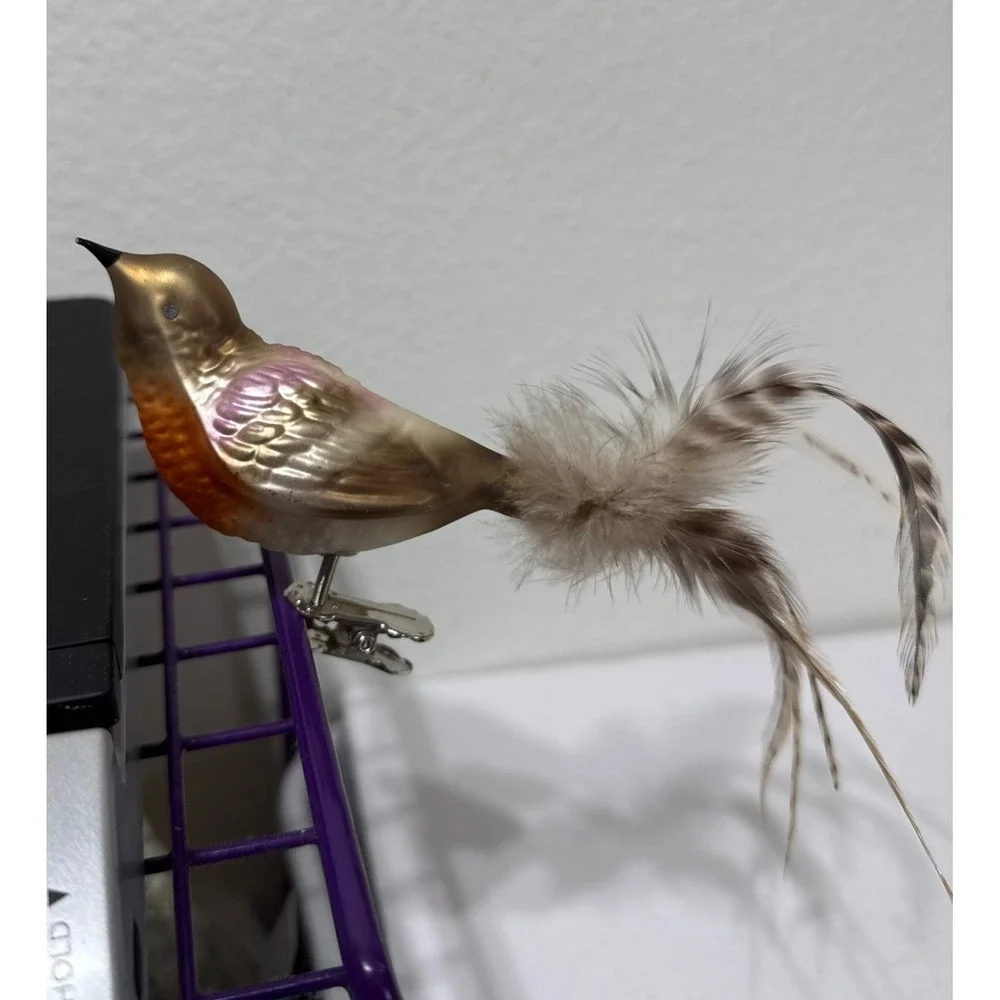 Vtg Painted Multicolor Glass Bird ClipOn Christmas Ornament Feather Tail 7.5 Inc